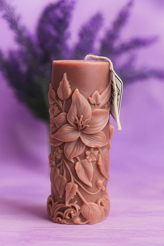Handmade Floral Carved Pillar Candle – Romantic Decorative Soy Candle – Gift for Her – Natural Wax Home Decor