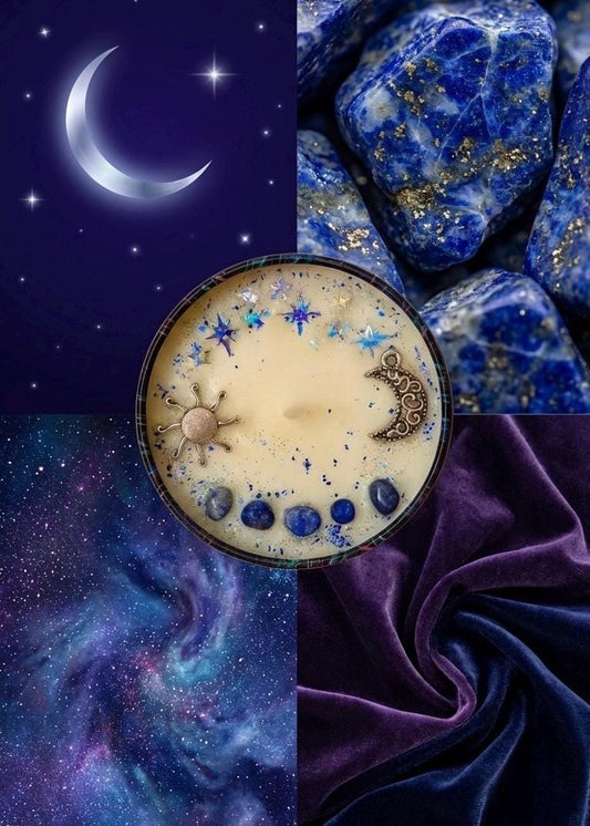 Cosmic Lapis Lazuli Intention Candle • Sun & Moon Crystal Candle • Soy Ritual Candle (2.5 oz)